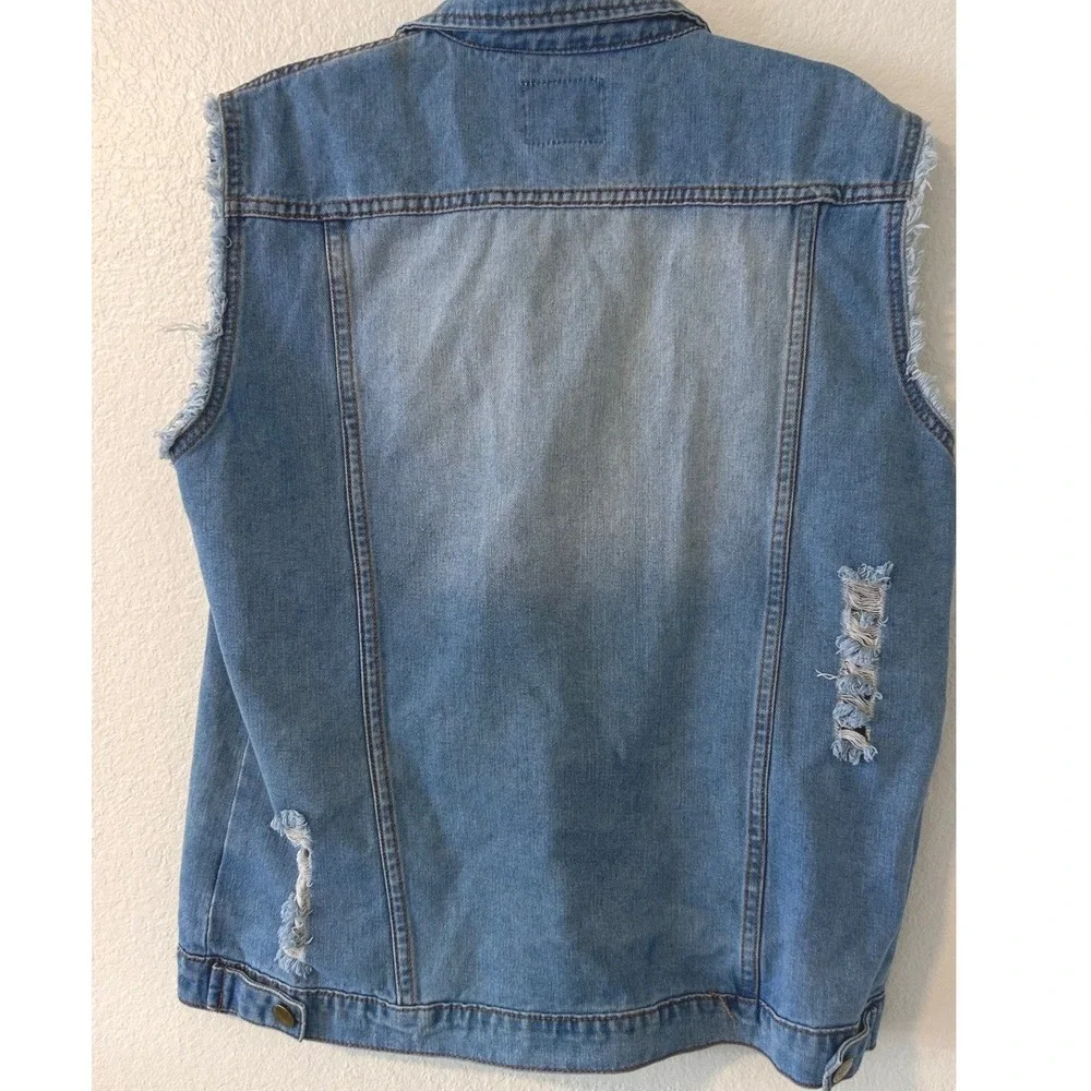 Distressed Streetwear Denim Vest Light Wash Frayed Sleeveless SZ XL